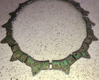 Vintage Taxco Mexico Sterling Silver Crushed Inlaid Turquoise Modernist Necklace