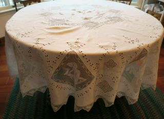 VINTAGE EMBROIDERED Drawn Work & FILET LACE TABLECLOTH 85 