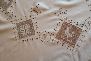VINTAGE EMBROIDERED Drawn Work & FILET LACE TABLECLOTH 85 