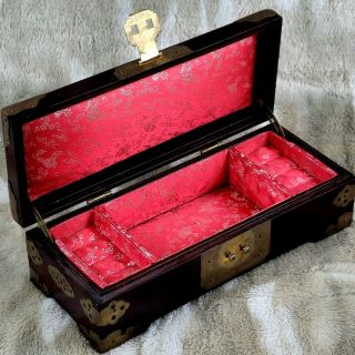 Vintage Chinese Jewelry Box Dark Cherry Wood Embossed Brass Carved Jade Inlay