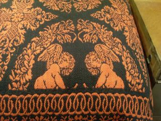Vintage Mid Century Woven Wool & Cotton Heavyweight Bedspread,  Cherubs,  Fringes 2