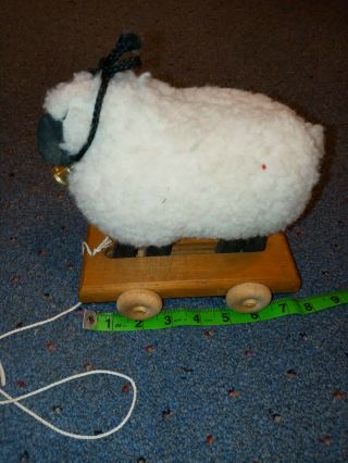 Vintage Folk Art Wood Lamb Pull Toy On Wheels Sheep