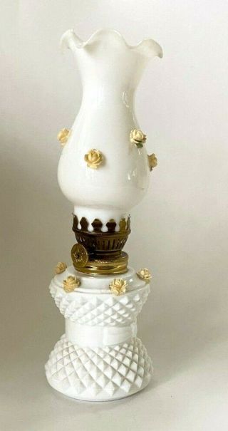 Vintage Milk Glass Miniature Oil Lamp With Roses Diamond Point Hobnail Pattern