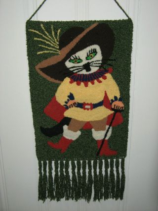 Vintage Mid Century Puss In Boots Cat Wall Hanging Hooked Rug Macrame Tapestry