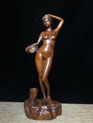 Collectibles Natural Boxwood Figurine Carved Naked Beauty Girl Wood Statue Ap167