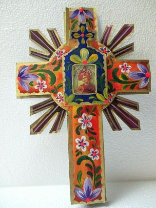 Mexican Folk Art Punched Tin 3d Wall Cross Frida Kahlo 13 "