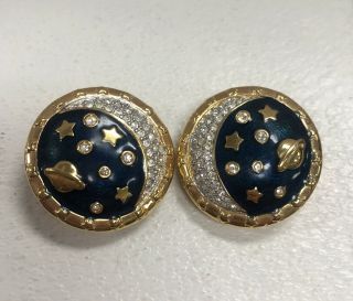 Vintage Swarovski Signed Moon & Stars Clip Earrings