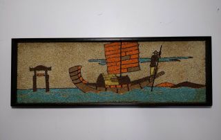 Vintage Mid Century Modern Framed Gravel Pebble Art Fisherman - Asian/oriental