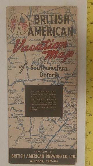 Rare (windsor,  Ont) " 1947 British American Brewing Co " Vacation Map - Southwest Ont.