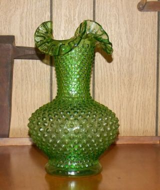 Large Vintage 11 " Fenton Green Springtime Hobnail Pattern 1977 Crimped Vase