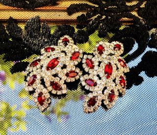 Vintage Signed Kenneth Lane White,  Red Rhinestone Clip On Earrings