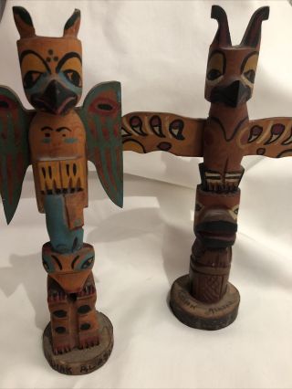 (2) Vintage Hand Carved & Painted Native American 9” Totem Poles