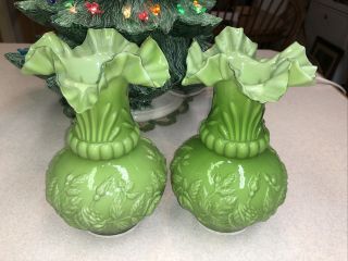 Pair Vintage Lime Green Cased Glass Lamp Bodies Bases Frilly Puffy Fenton Style