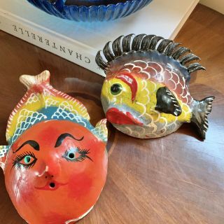 Set Of 2 Vintage Mexican Folk Art Coconut Masks & Decorations Fish/devil/mermaid