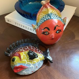 Set of 2 Vintage Mexican Folk Art Coconut Masks & Decorations Fish/devil/mermaid 2