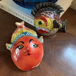 Set of 2 Vintage Mexican Folk Art Coconut Masks & Decorations Fish/devil/mermaid 3