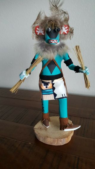 Native American Carved Blue Ahote Warrior Kachina Doll,  10.  5” Tall