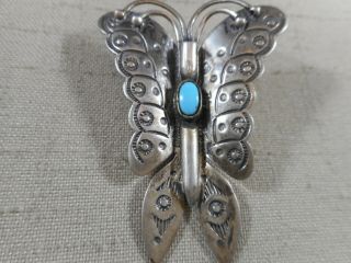 FRED HARVEY era Navajo silver & NATURAL turquoise BUTTERFLY pin brooch 3