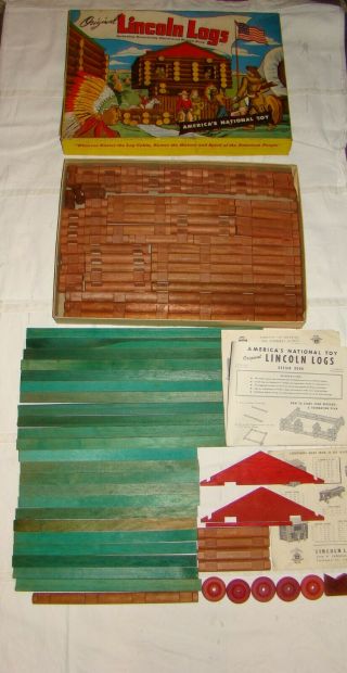 Vtg 1940s Lincoln Logs Set 2l W/instructions Box Wood Building Toy