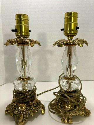 Pair Vintage Leviton Clear Crystal Glass Lamps Ornate Fancy Gold Filigree 10 "