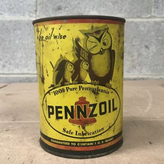 Vintage Pennzoil " Be Oil Wise " Owl Graphics 1 Quart Motor Oil Can - No Top