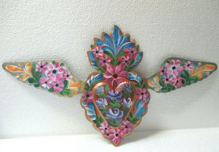 Mexican Folk Art Punched Tin Painted Wall Winged Heart Blue Large 19 "
