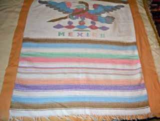 VTG Mexican Blanket Thunderbird Cotton Blend Hand Woven Pastel NM 45 X 83 2