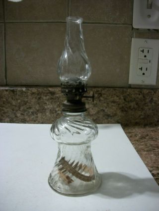 Vintage Miniature P&a Clear Swirl Glass Oil Lamp With Swirl Pattern Chimney