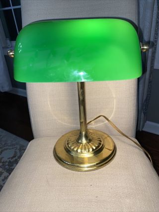 Vintage Desk Lamp Brass With Green Glass Shade Banker Lawyer