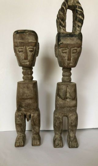Vintage Pair African Wood Carved Figures From Mali - Shelf Statues 12 " & 9 "
