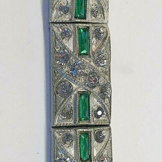 Vintage Art Deco Bracelet Noveline Green & Clear Rhinestones 7.  5 "