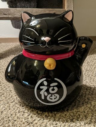 Beckoning Cat Maneki Neko Black Lucky Cat Hand Painted Ceramic Cookie Jar
