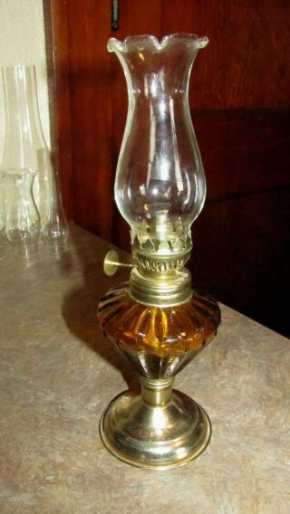 Vintage 10 " Small Oil Lamp Amber Glass With Ribbed Pattern