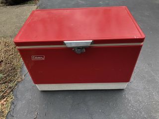 Vintage Coleman Red White Metal Cooler Ice Chest With Metal Handles