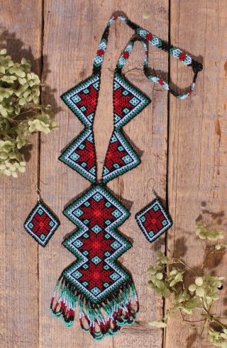 Huichol Indian Beaded Geometric Necklace & Earrings Handmade Mexican Folk Art