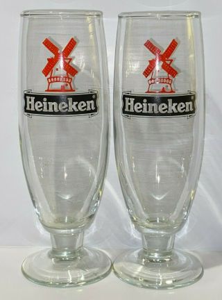 Vintage Heineken Beer Glasses - Red Windmill Logo Footed Beer Glasses (set Of 2)