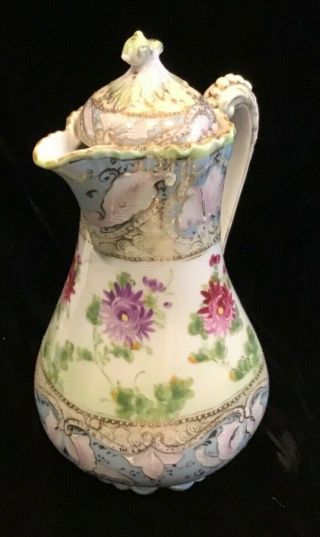 Vintage Japanese Porcelain Hand Painted Flowers W/gold Beading Chocolate Pot