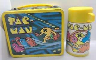 Vintage 1980 Bally Midway Mfg Co.  Pac - Man Metal Lunchbox With Thermos