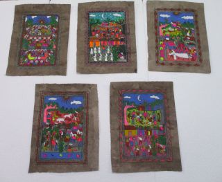 5 Amate Bark Paintings Set Native Ethnic Mexican Hanging Folk Art Hand Painted