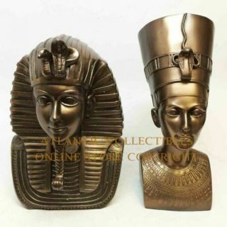 Egyptian Decorative Pharaoh King Tut & Queen Nefertiti Bust Bronze Finish Set