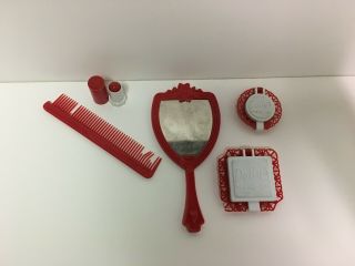 Vintage 1960s Hasbro Cosmetic Kit Toy For Junior Miss Red Mirror Lipstick Comb 3