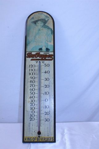 Vintage Dr.  Pepper Advertising Thermometer With Wood Frame 23 1/2 " Tall