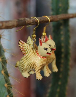 Angel Cat Alebrije Earrings Detailed - Ana Xuana Handmade Oaxaca Mexico Folk Art
