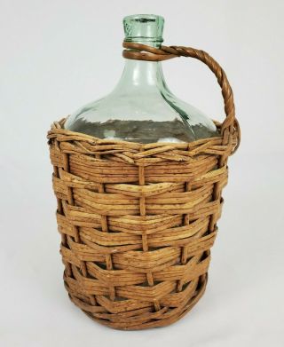 Vintage Wicker Rattan Wrapped Green Wine Bottle 1.  5 Gallon Large Italian 13.  5 "