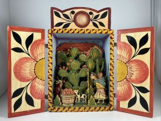 Vintage Spanish Folk Art Handmade Hand Painted Clay/wood Shadow Box Diorama