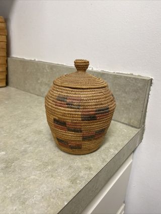 Vintage Native American Dyed Coiled Lidded Basket Jar