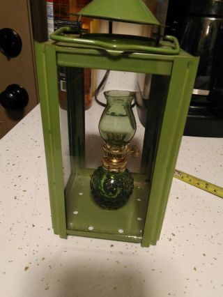 Small 5.  5 " Mini Vintage Green Glass Hurricane Oil Lamp In 7 " Glass Hanging Case