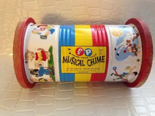 Vintage 50s 60s Fisher Price Musical Chime Push / Pull Toy Tin 722