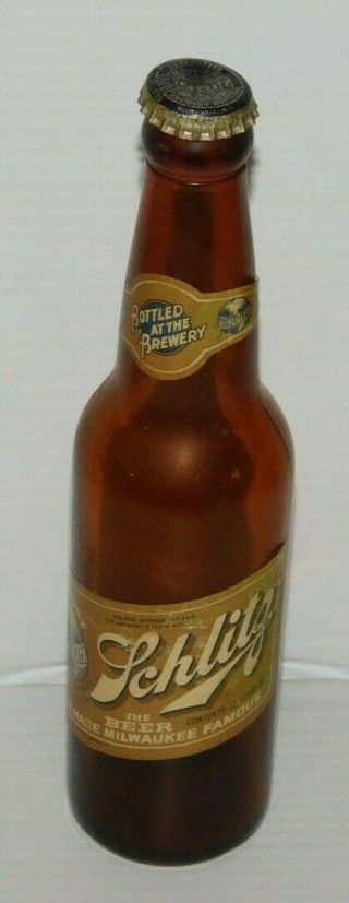 Vintage 1940s Schlitz Beer Bottle With Cap And Tax Label