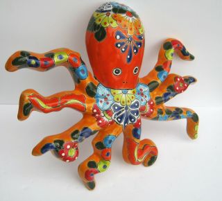 Mexican Talavera Pottery Octopus Sculpture Animal Figure 18 1/2 " X 16 " Long Fish